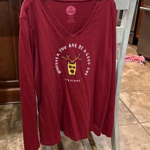 Size large, life is good, red, V-neck T-shirt